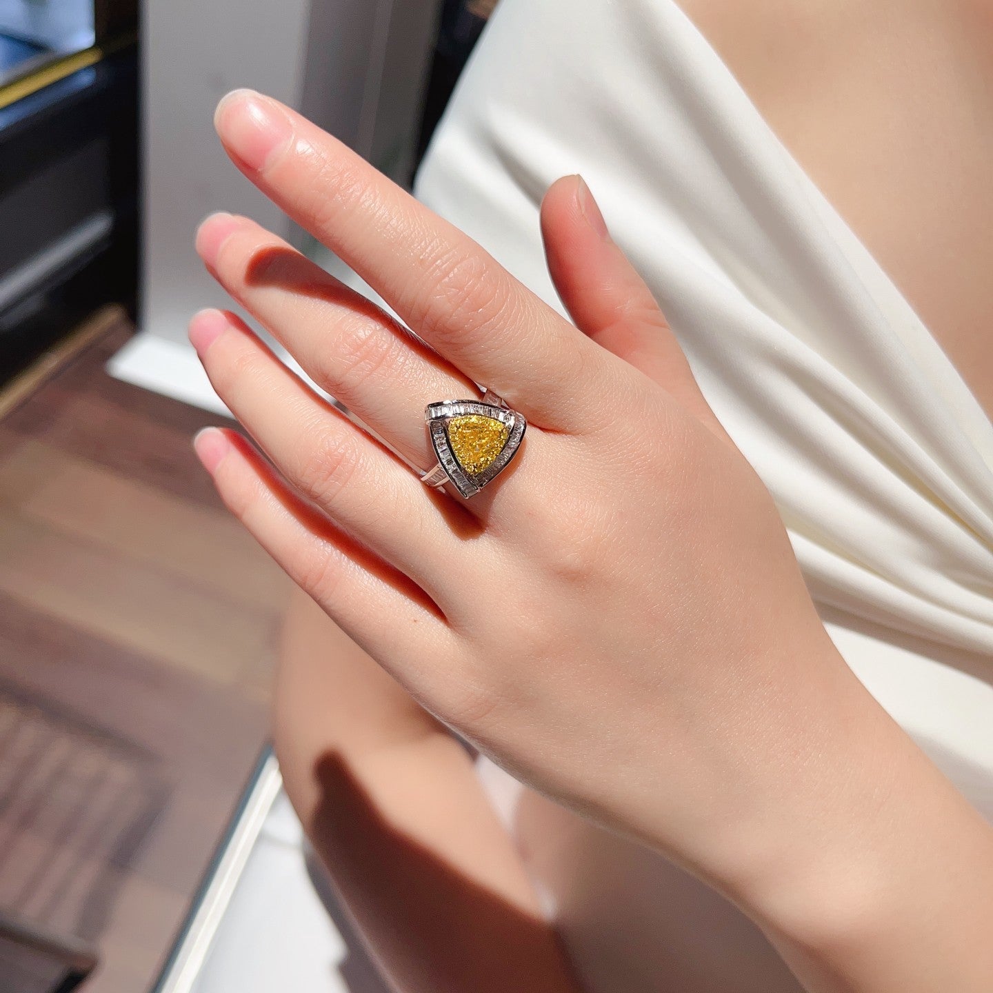 1-Carat Triangle Ring with Diamonds - Premium Jewelry - Yellow Diamond Ring