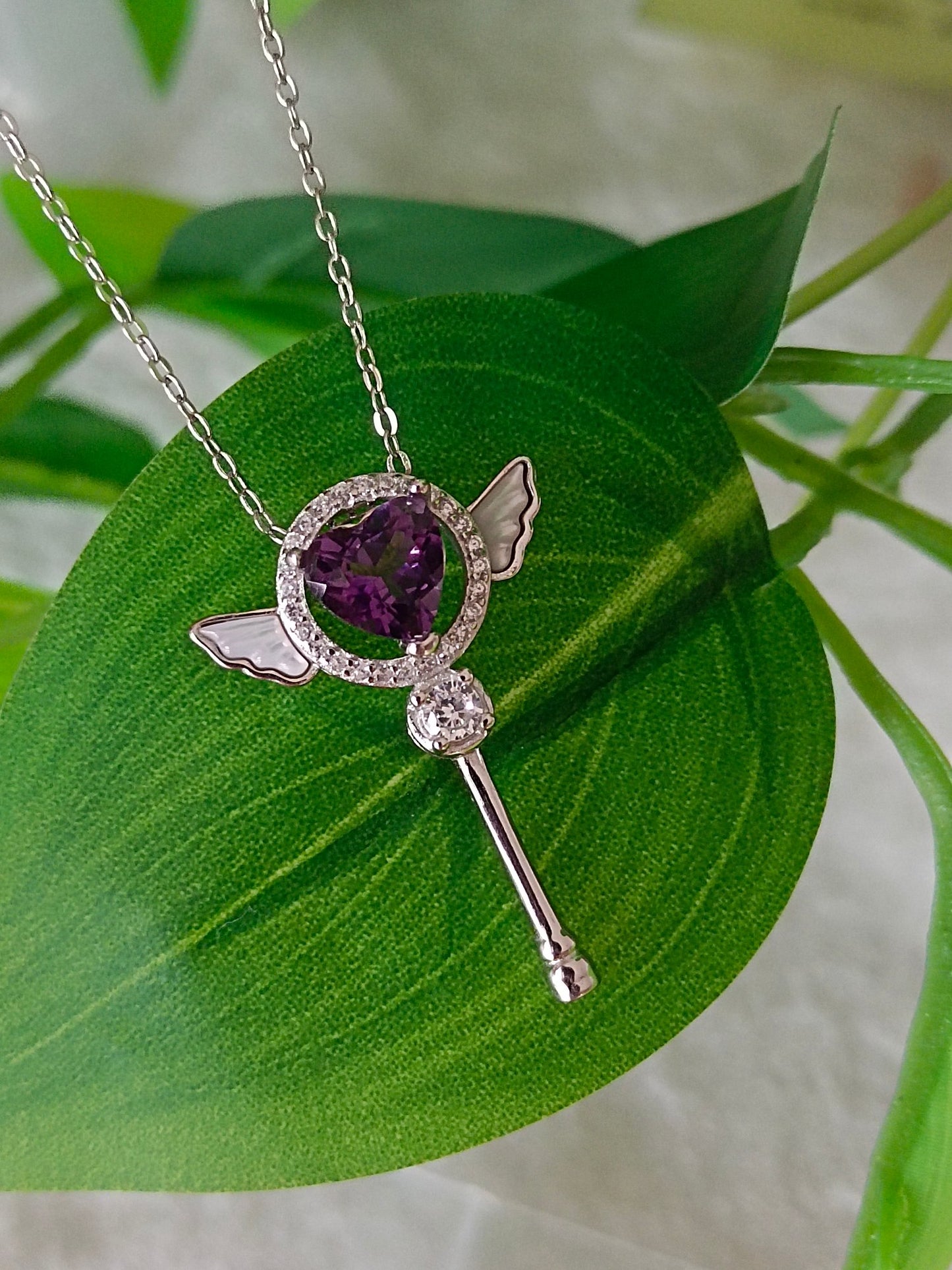 Elegant and Whimsical Natural Purple Crystal Heart Wand Pendant Jewelry