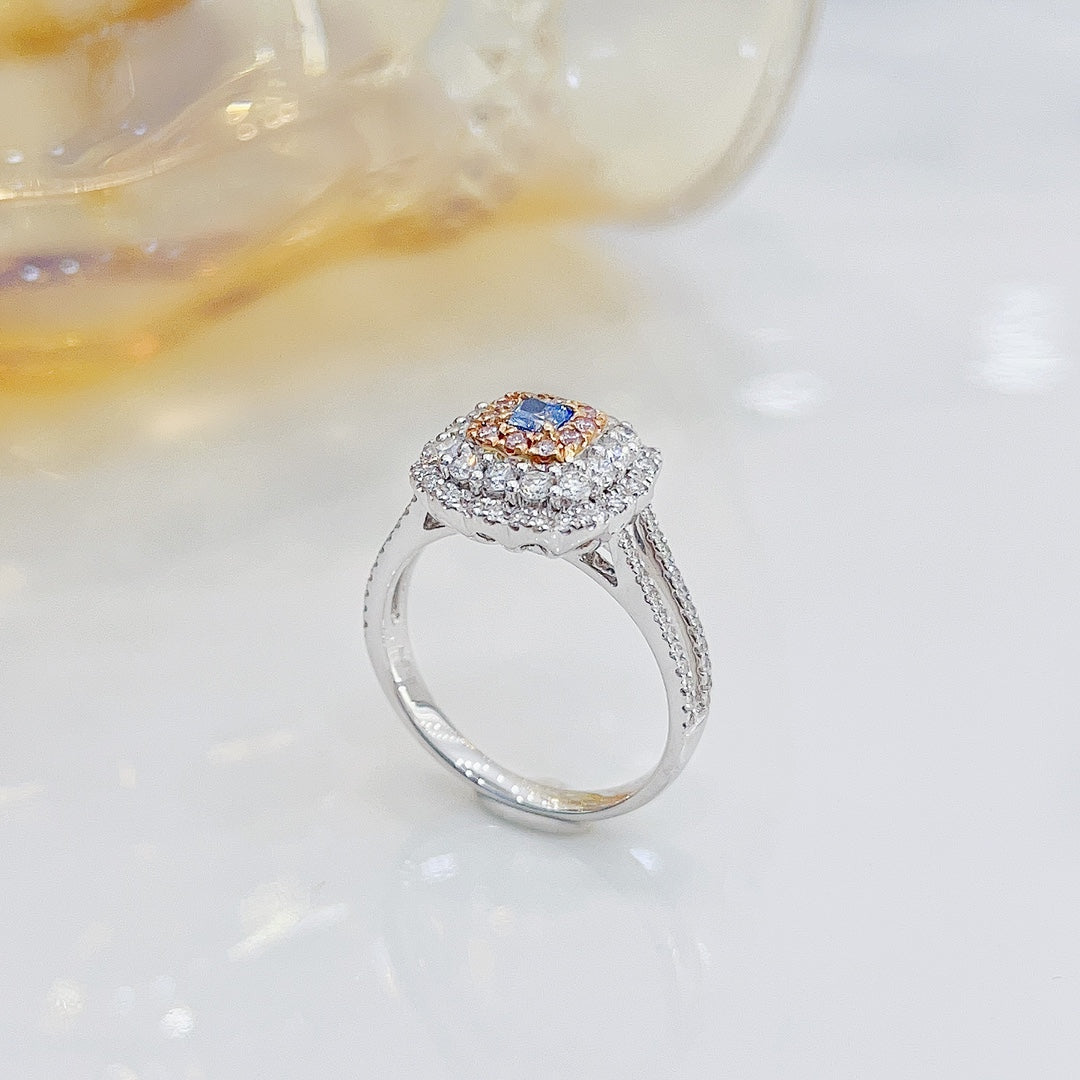 18K Blue Diamond Cushion-Cut Double-Halo Hollowed-Out Arm Ring - Luxurious Jewelry - Blue Diamond Ring