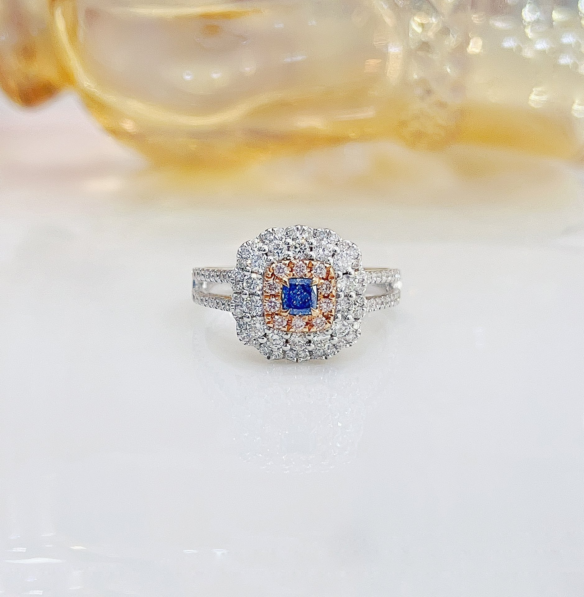 18K Blue Diamond Cushion-Cut Double-Halo Hollowed-Out Arm Ring - Luxurious Jewelry - Blue Diamond Ring