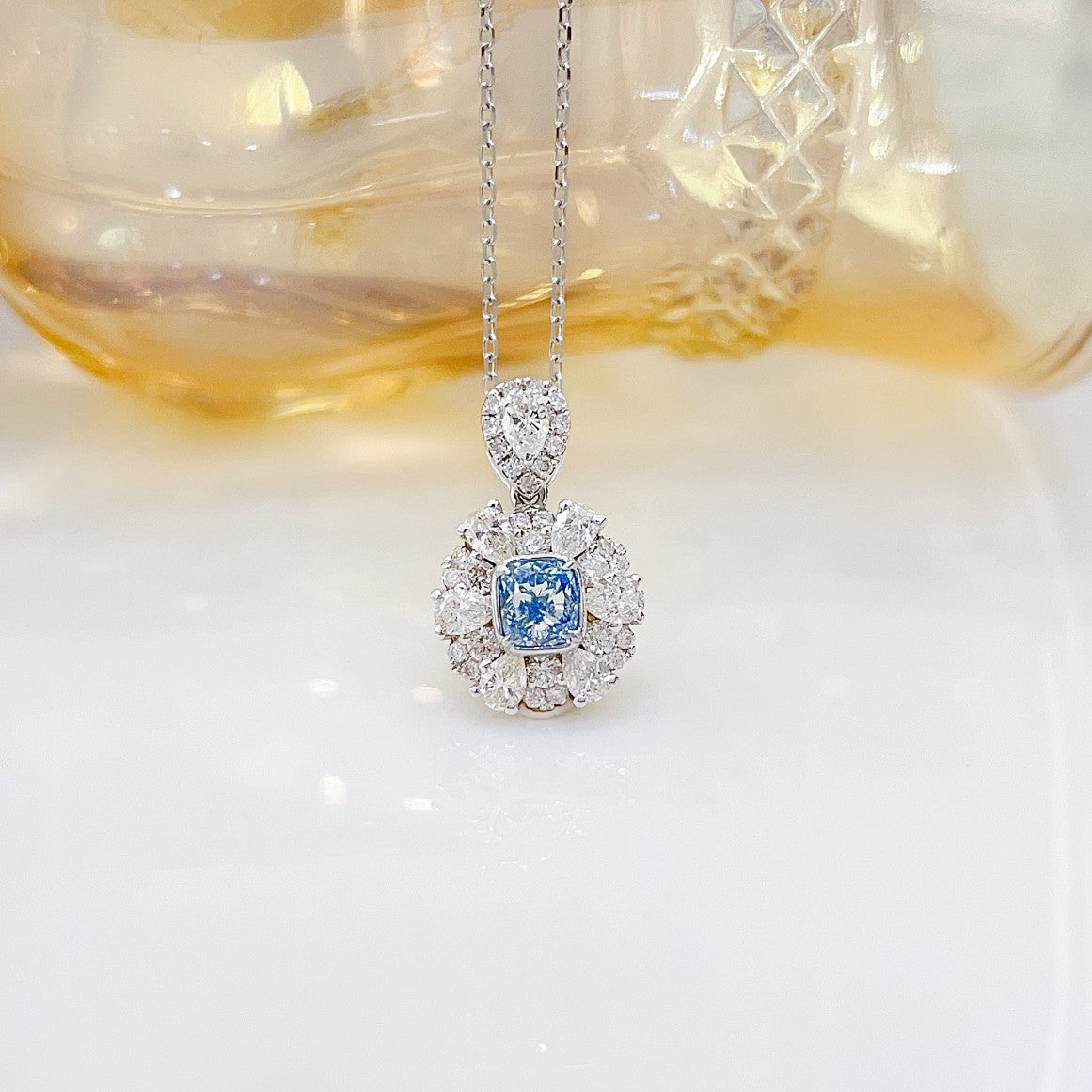 18K Blue Diamond Cushion-Cut Layered Necklace with AGL Certificate - Luxurious Jewelry - Blue Diamond Necklace