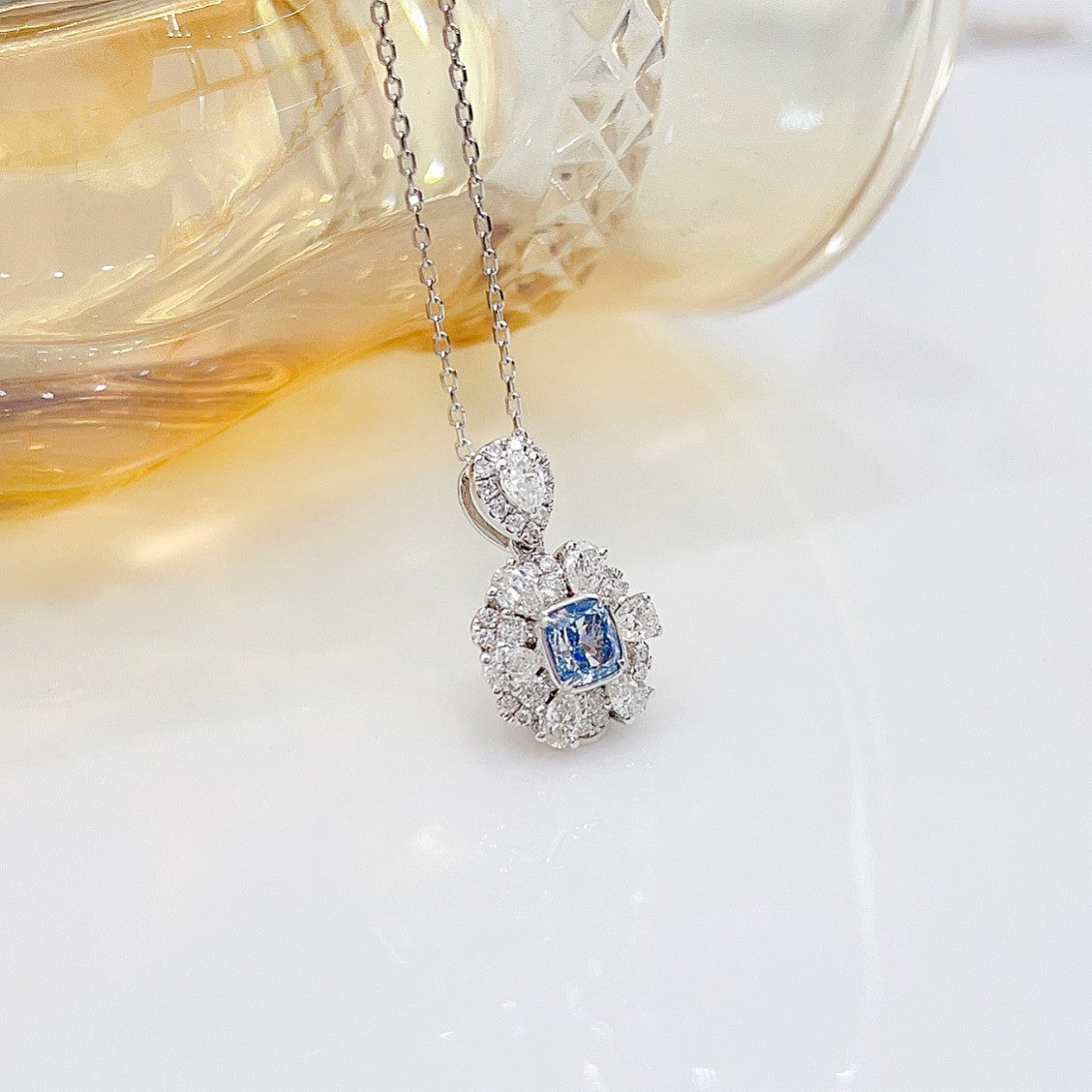 18K Blue Diamond Cushion-Cut Layered Necklace with AGL Certificate - Luxurious Jewelry - Blue Diamond Necklace