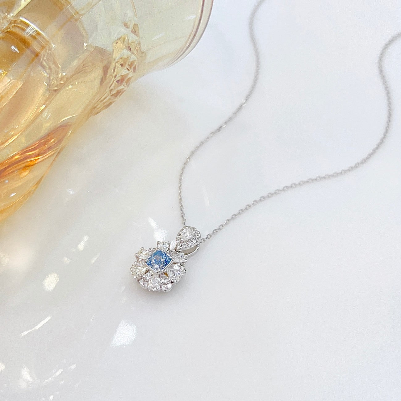 18K Blue Diamond Cushion-Cut Layered Necklace with AGL Certificate - Luxurious Jewelry - Blue Diamond Necklace