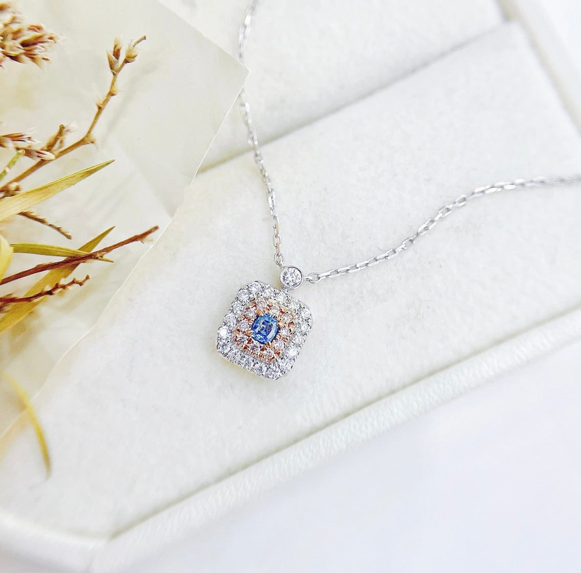 18K Blue Diamond Cushion-Cut Minimal Bubble Necklace - Blue Diamond Necklace