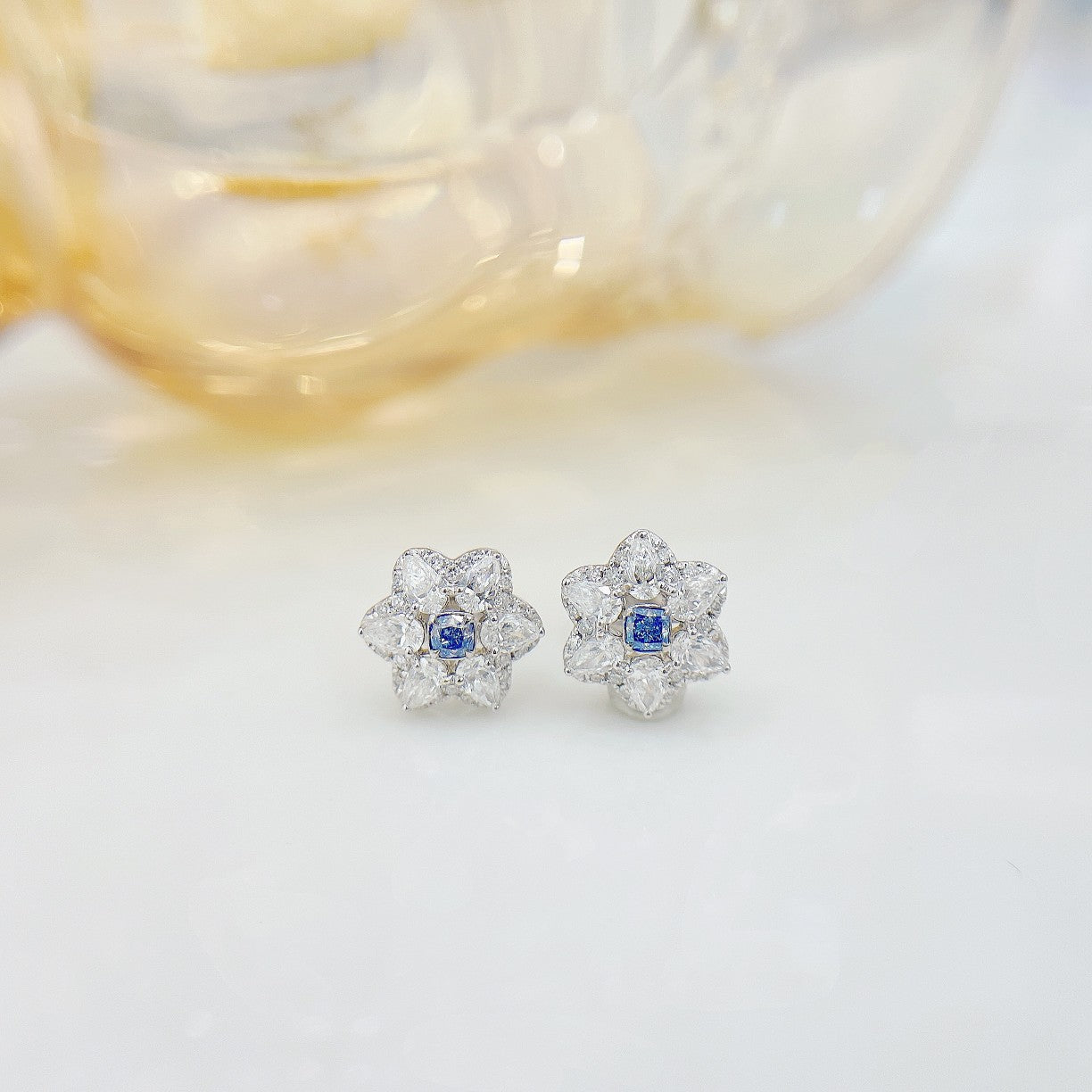 18K Blue Diamond Cushion Hexagon Star Earrings - Luxury Jewelry Jeweler.Jewelry