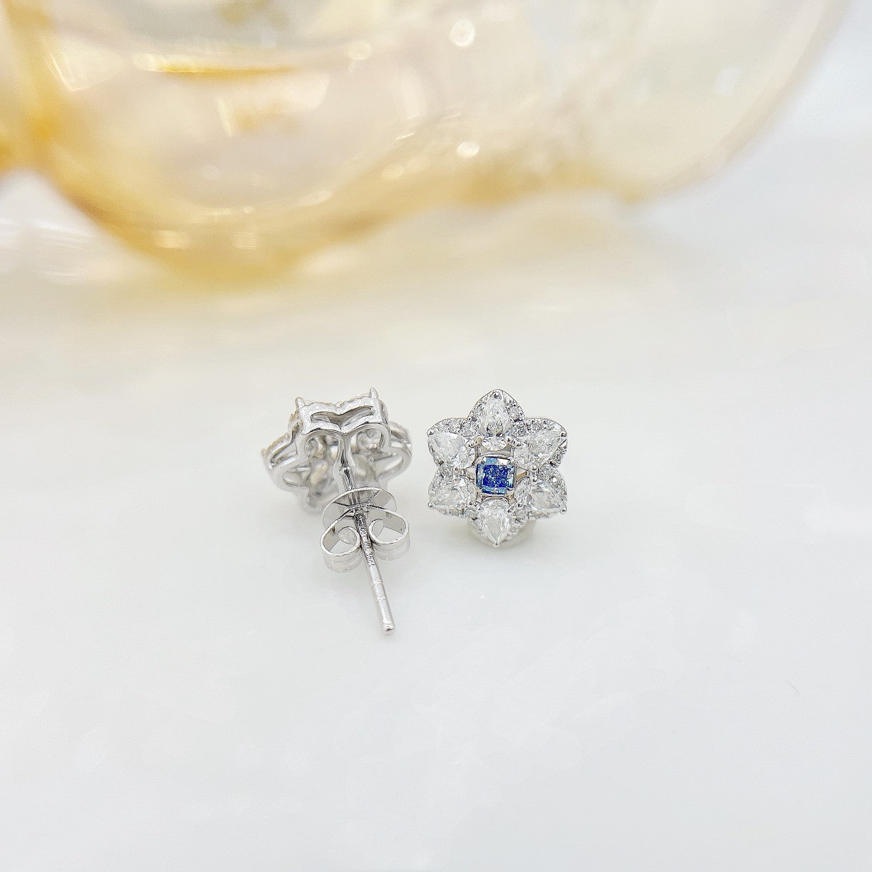 18K Blue Diamond Cushion Hexagon Star Earrings - Luxury Jewelry Jeweler.Jewelry