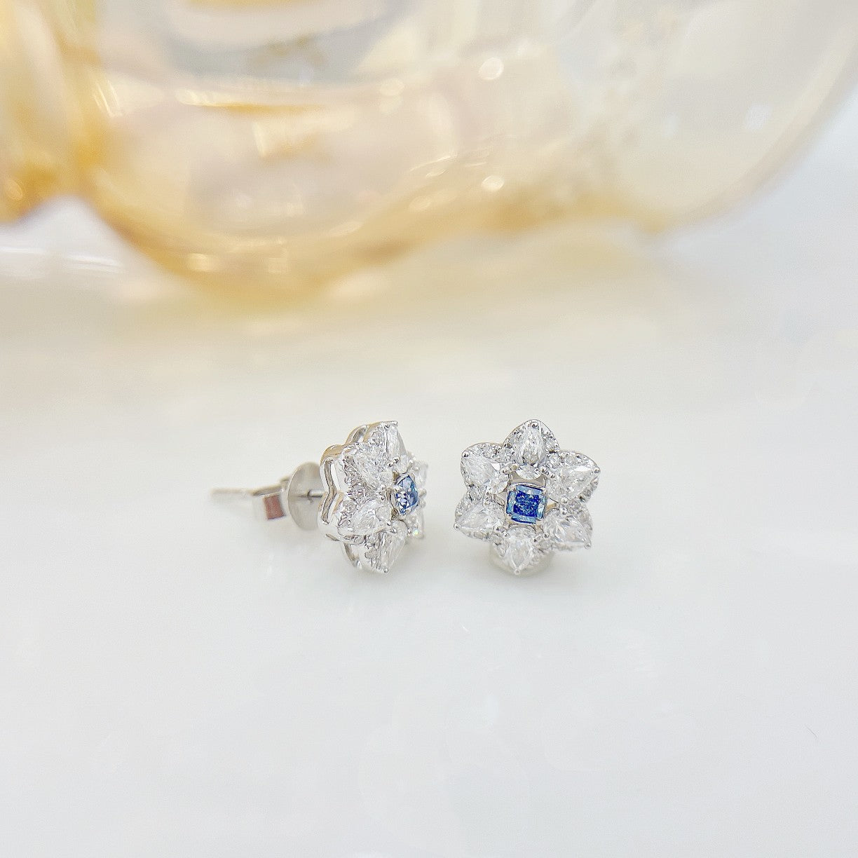 18K Blue Diamond Cushion Hexagon Star Earrings - Luxury Jewelry Jeweler.Jewelry