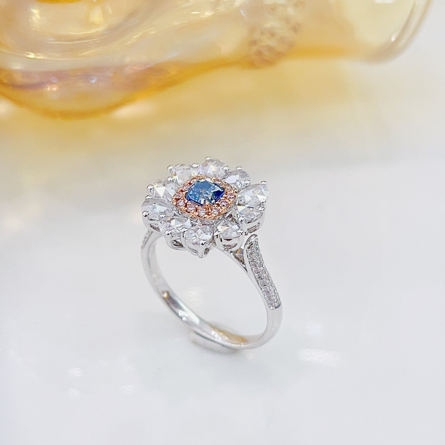 18K Blue Diamond Cushion Rose Cut Two-Way Wear Jewelry - Blue Diamond Ring