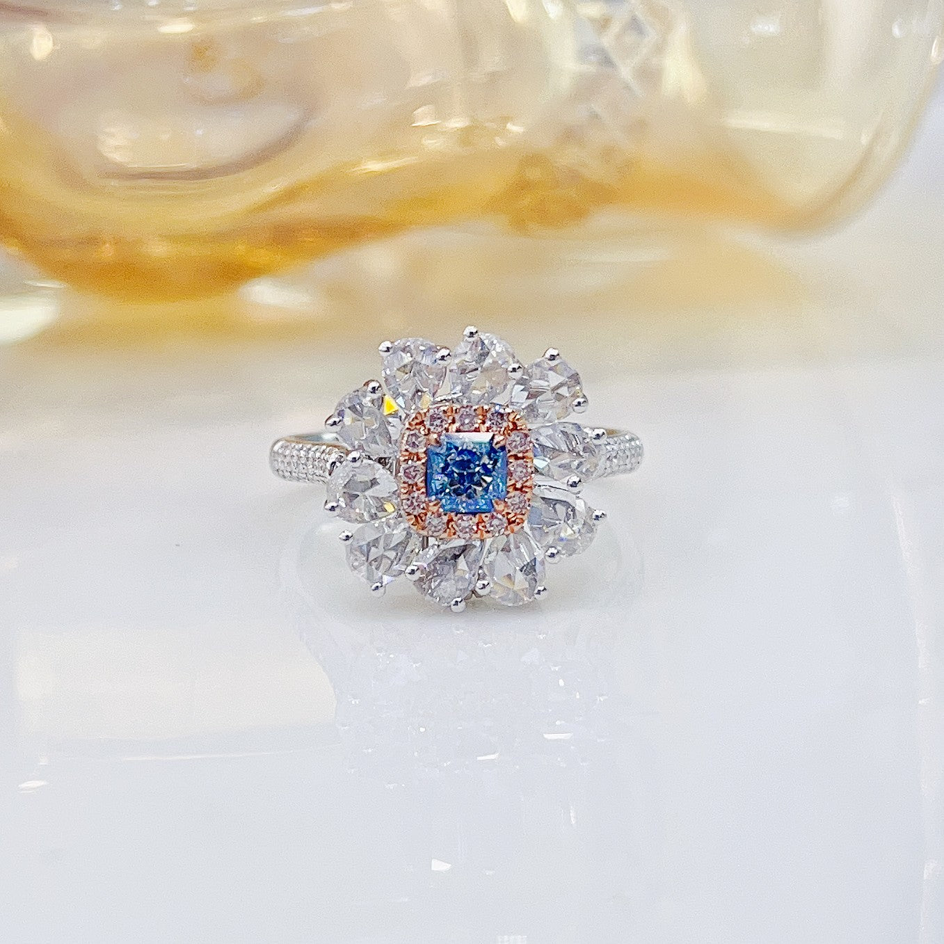 18K Blue Diamond Cushion Rose Cut Two-Way Wear Jewelry - Blue Diamond Ring