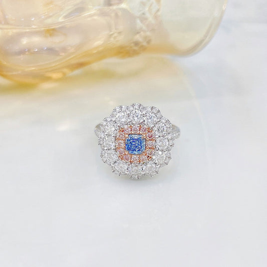 18K Blue Diamond Cushion Shape Double-Halo Two-Way Wear Jewelry - Blue Diamond Ring