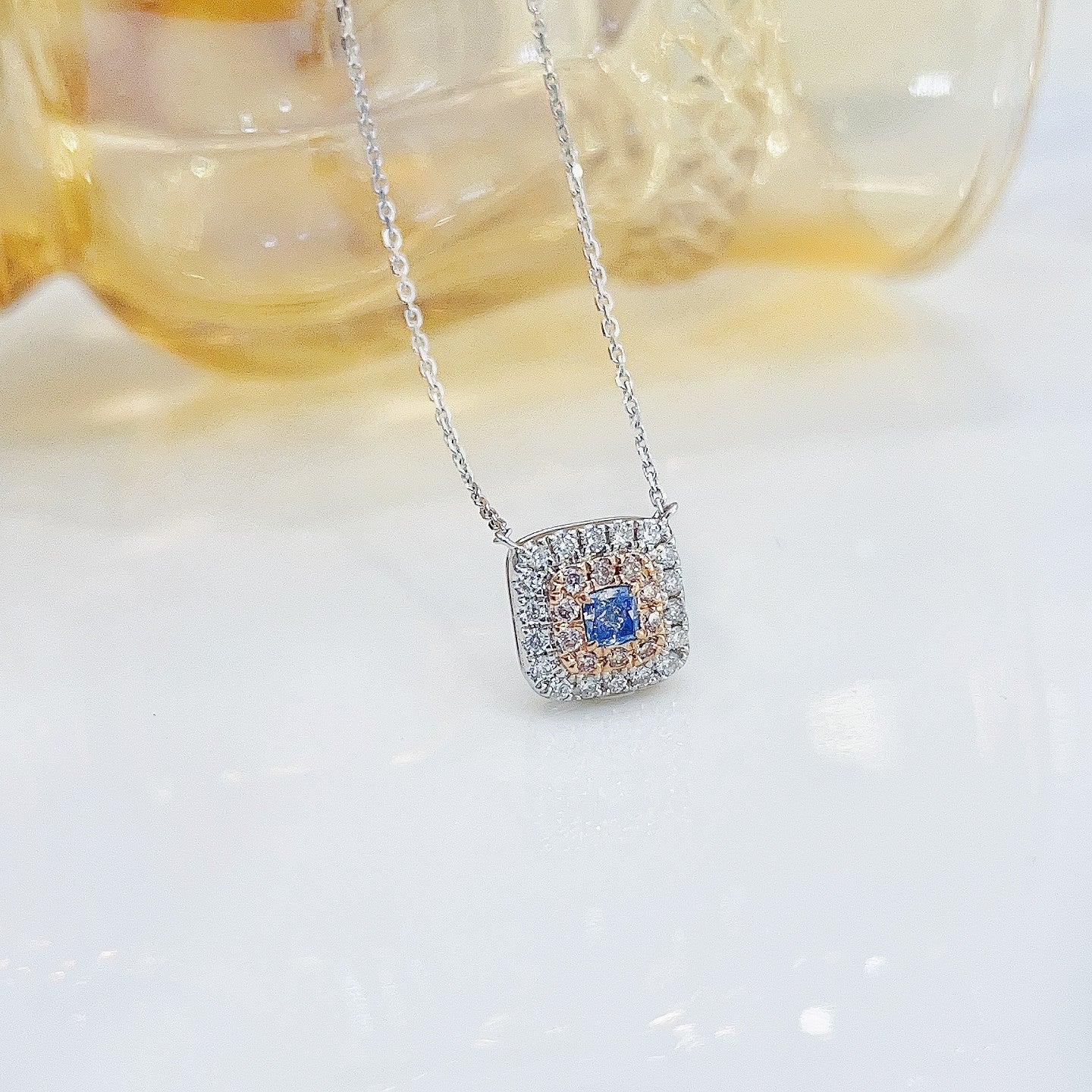 18K Blue Diamond Cushion-Shaped Halo Necklace - Exquisite Jewelry - Blue Diamond Necklace