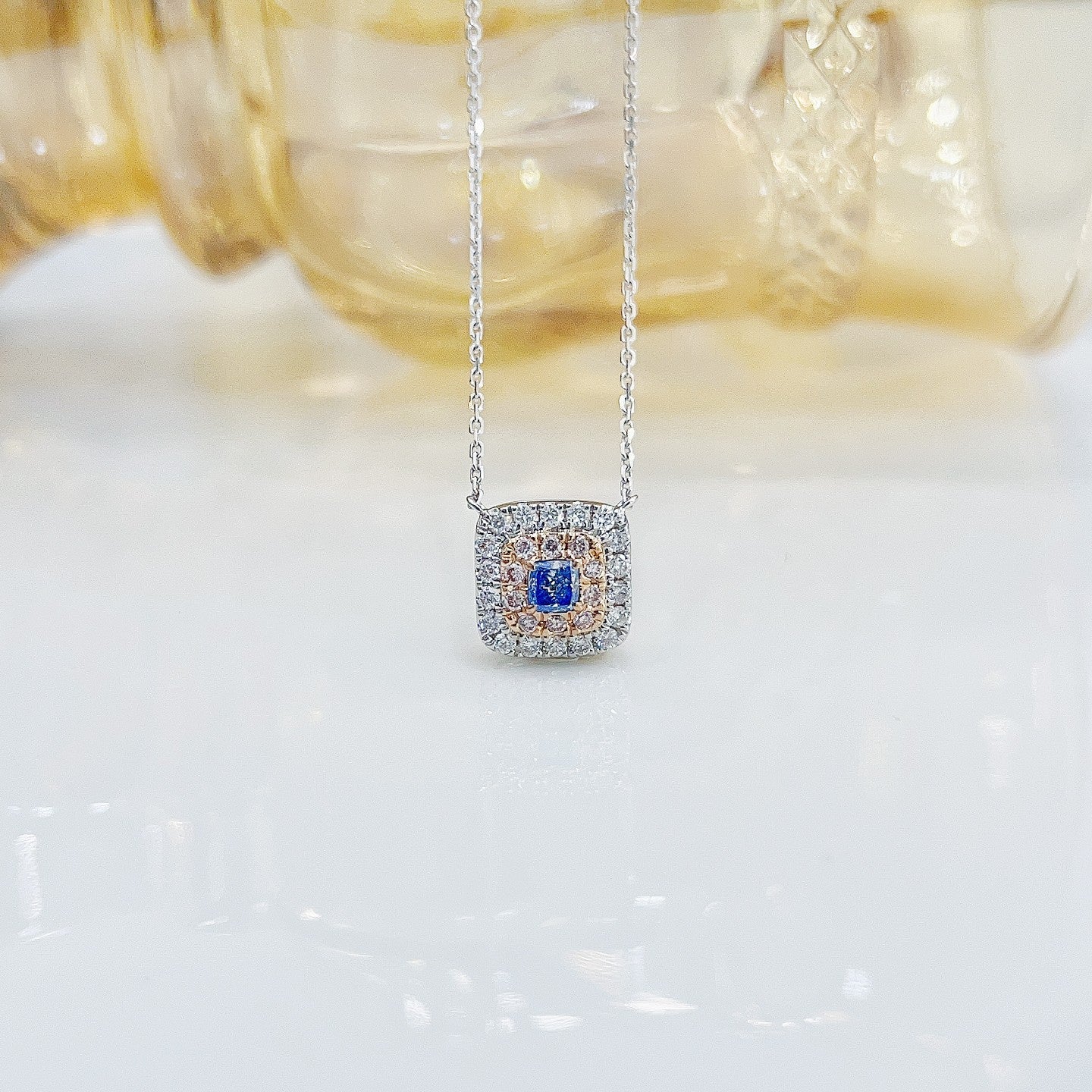 18K Blue Diamond Cushion-Shaped Halo Necklace - Exquisite Jewelry - Blue Diamond Necklace