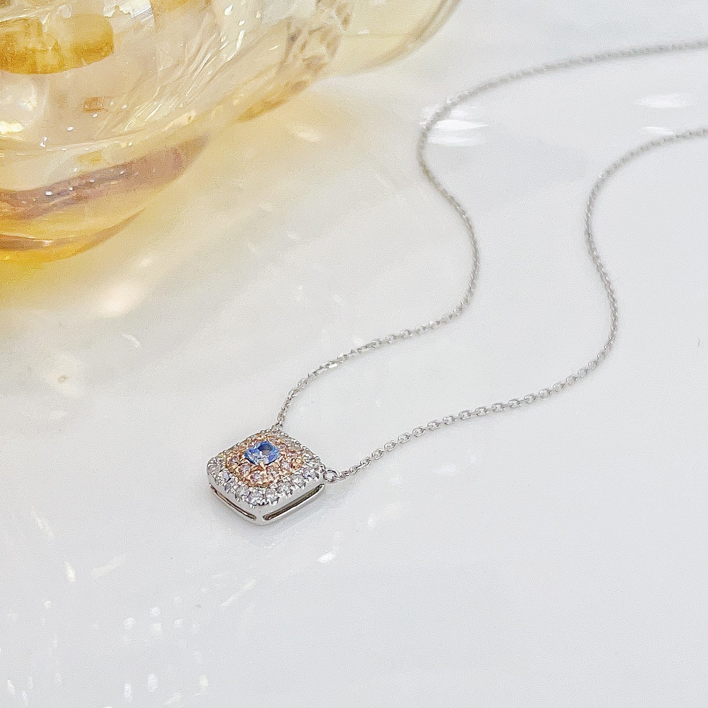 18K Blue Diamond Cushion-Shaped Halo Necklace - Exquisite Jewelry - Blue Diamond Necklace