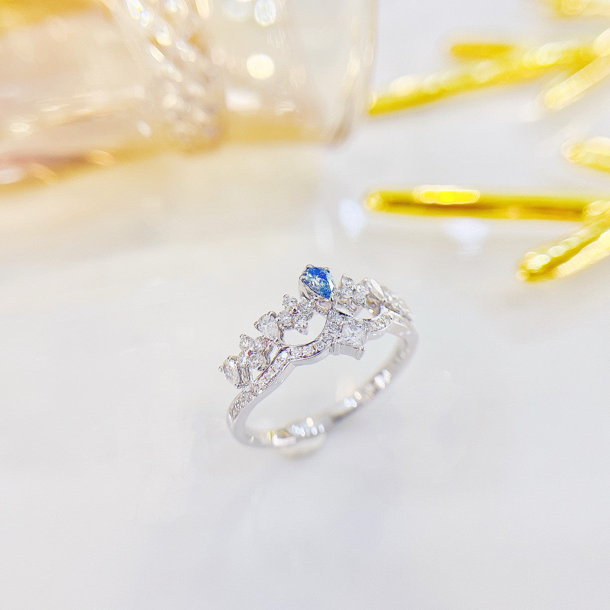 18K Blue Diamond Drop Crown Ring - Luxurious Jewelry Piece - Blue Diamond Ring