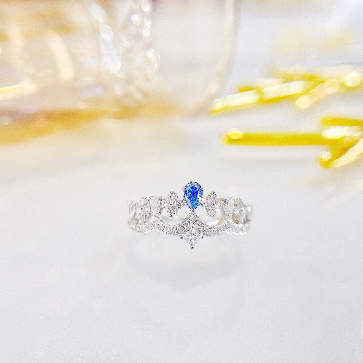 18K Blue Diamond Drop Crown Ring - Luxurious Jewelry Piece - Blue Diamond Ring