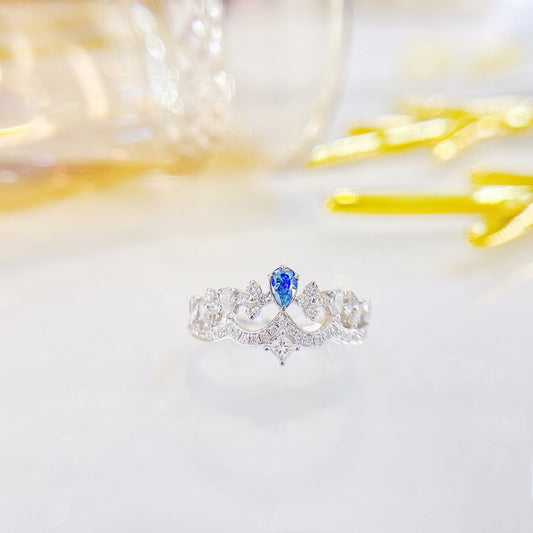 18K Blue Diamond Drop Crown Ring - Luxurious Jewelry Piece - Blue Diamond Ring