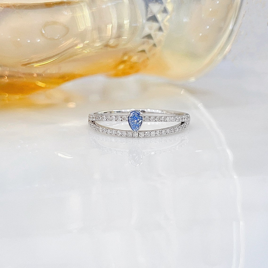 18K Blue Diamond Drop Hollow Ring | Exquisite Jewelry Piece - Blue Diamond Ring