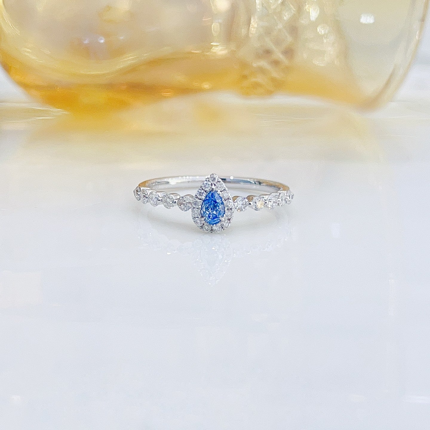 18K Blue Diamond Drop Ring with Surrounding Diamonds - Luxury Jewelry - Blue Diamond Ring