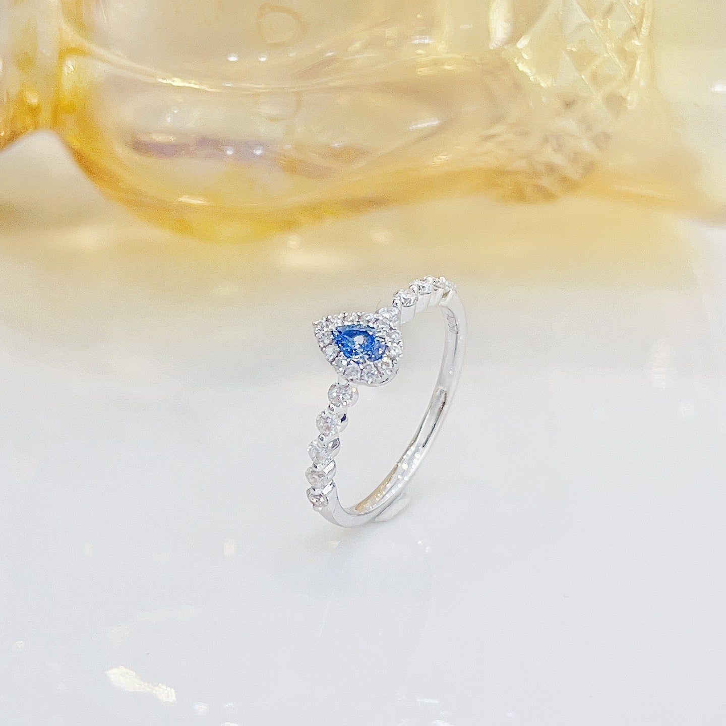 18K Blue Diamond Drop Ring with Surrounding Diamonds - Luxury Jewelry - Blue Diamond Ring