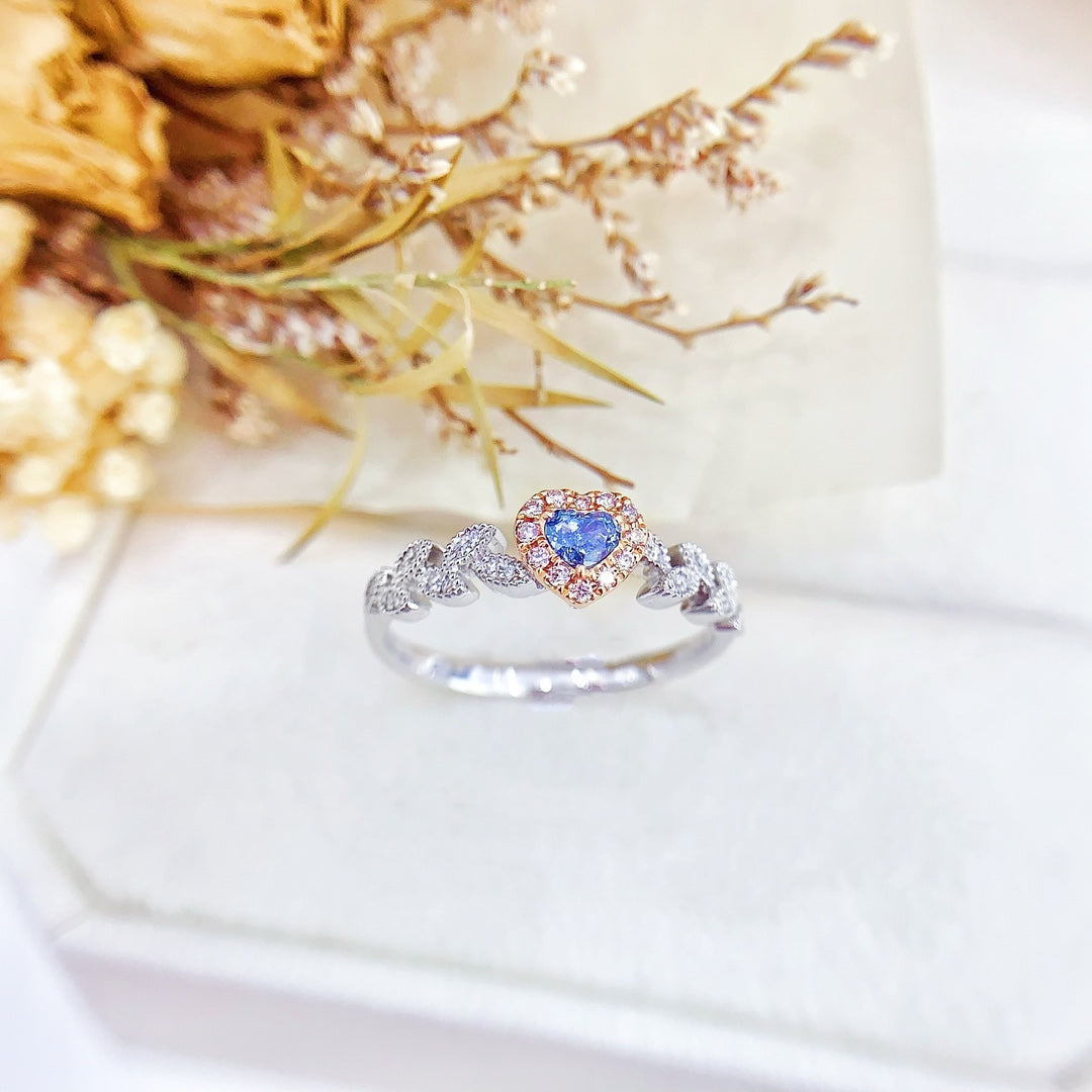 18K Blue Diamond Heart-Shaped Leaf Ring | Premium Jewelry - Blue Diamond Ring