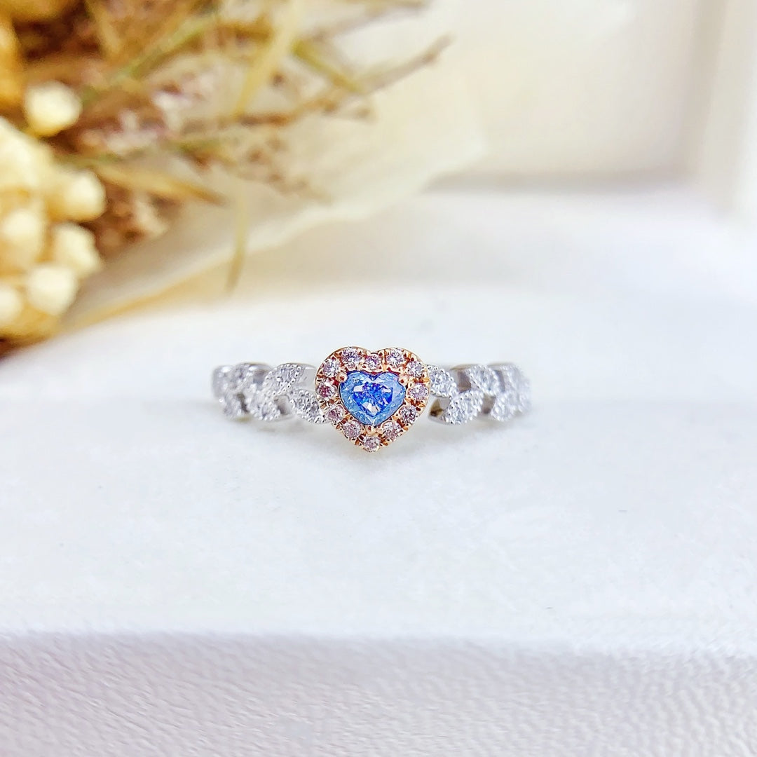 18K Blue Diamond Heart-Shaped Leaf Ring | Premium Jewelry - Blue Diamond Ring