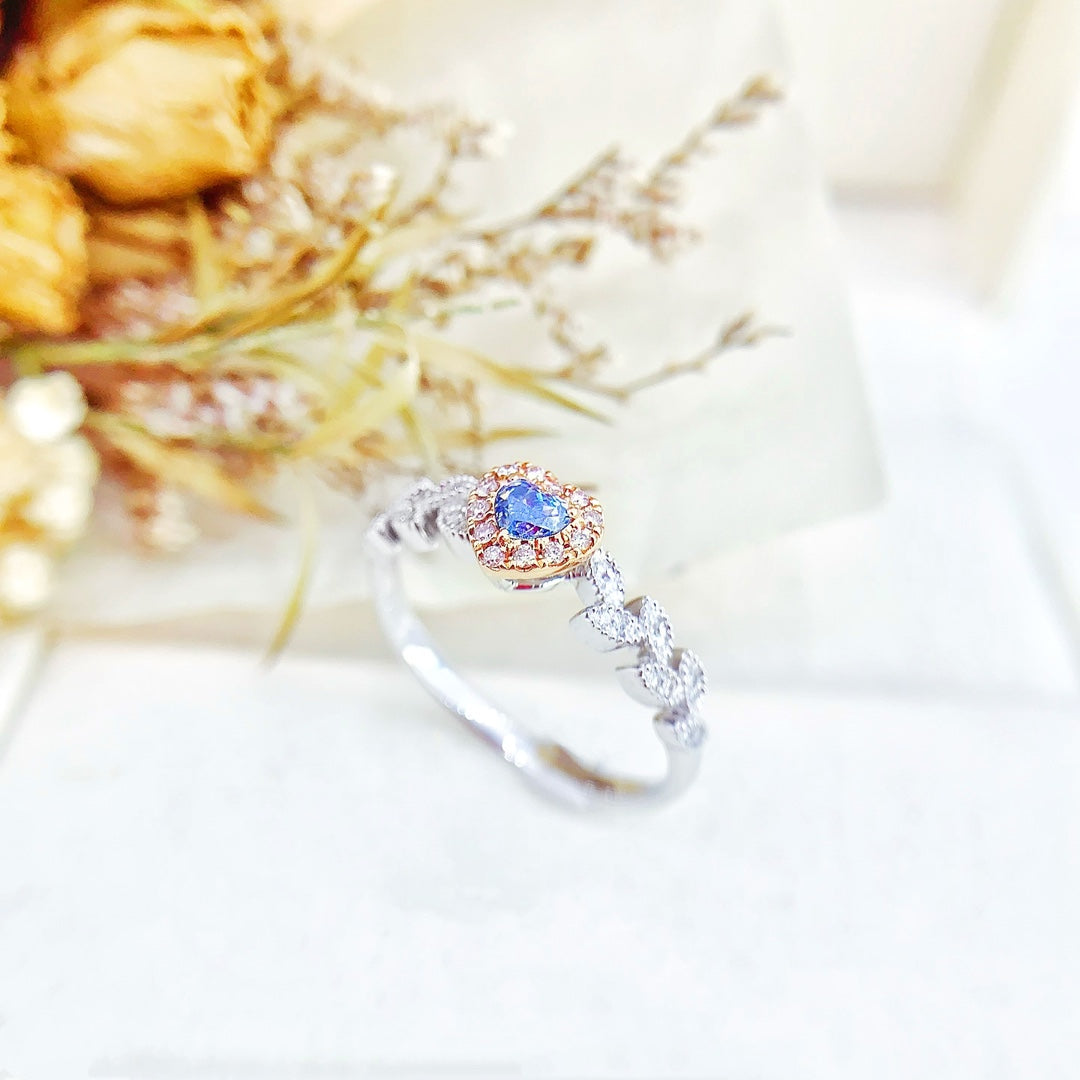 18K Blue Diamond Heart-Shaped Leaf Ring | Premium Jewelry - Blue Diamond Ring