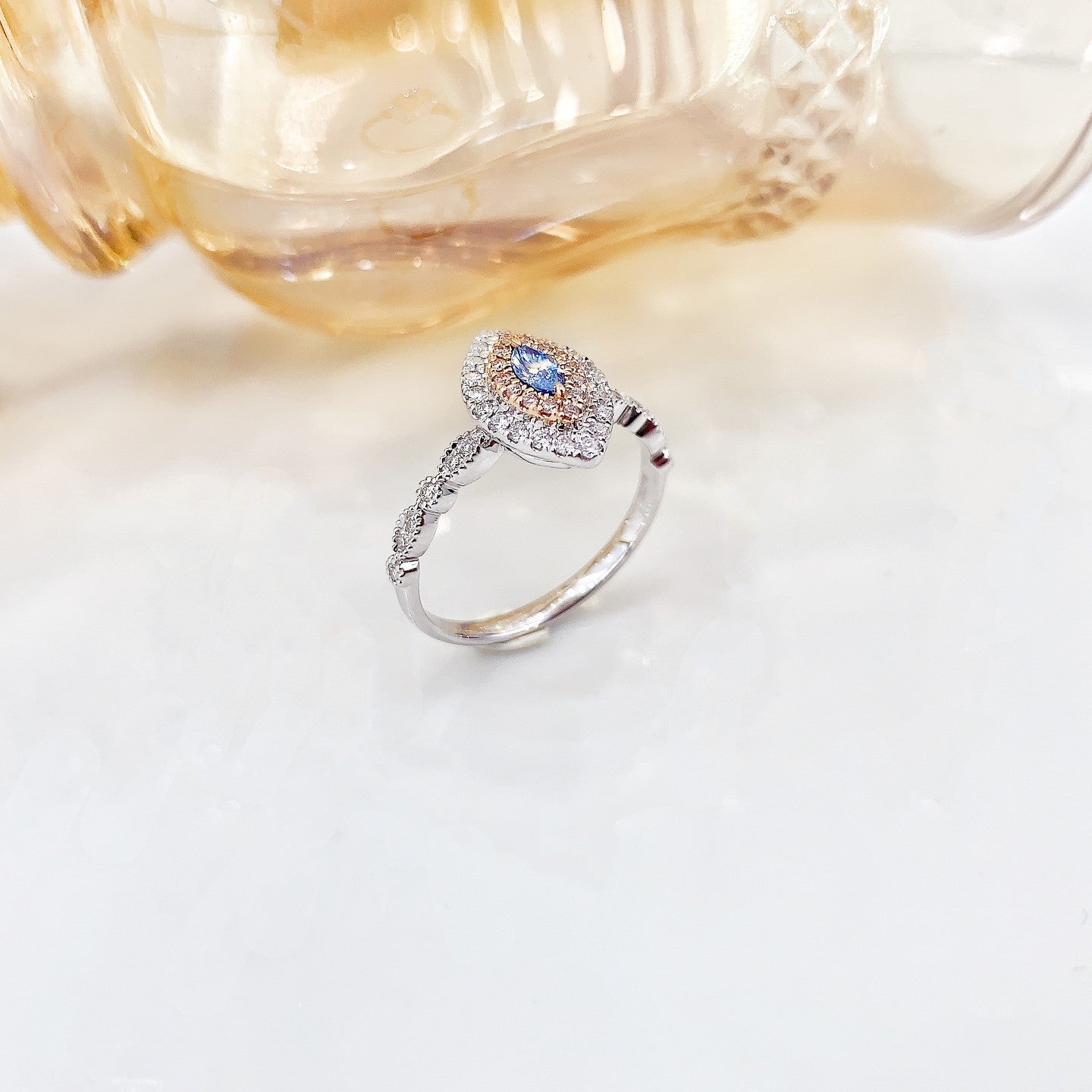 18K Blue Diamond Marquise Vintage Style Halo Ring | Unique Jewelry - Blue Diamond Ring