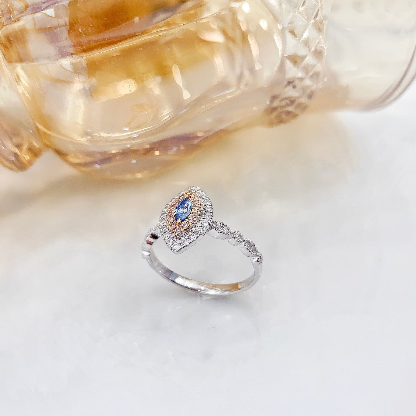 18K Blue Diamond Marquise Vintage Style Halo Ring | Unique Jewelry - Blue Diamond Ring