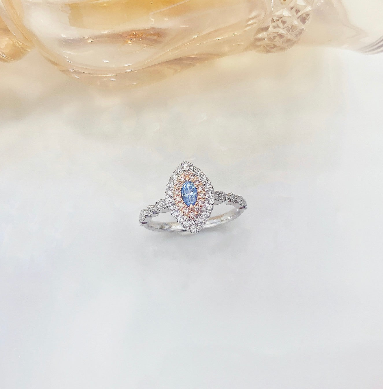 18K Blue Diamond Marquise Vintage Style Halo Ring | Unique Jewelry - Blue Diamond Ring