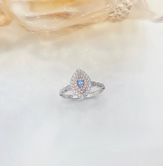 18K Blue Diamond Marquise Vintage Style Halo Ring | Unique Jewelry - Blue Diamond Ring