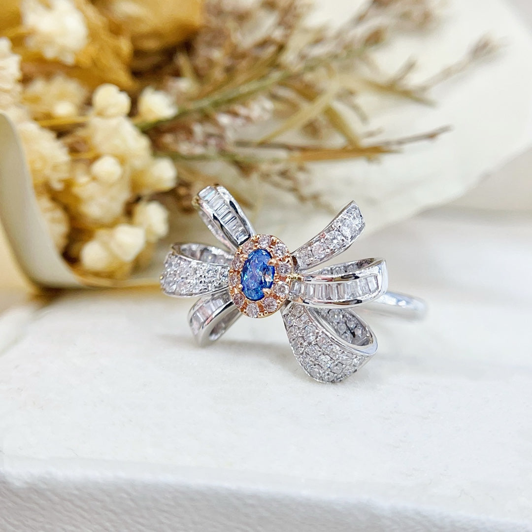 18K Blue Diamond Oval Bowknot Ring - Luxury Jewelry - Blue Diamond Ring