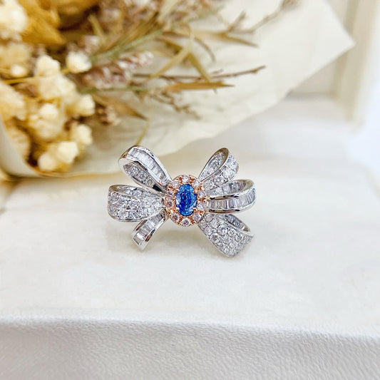 18K Blue Diamond Oval Bowknot Ring - Luxury Jewelry - Blue Diamond Ring