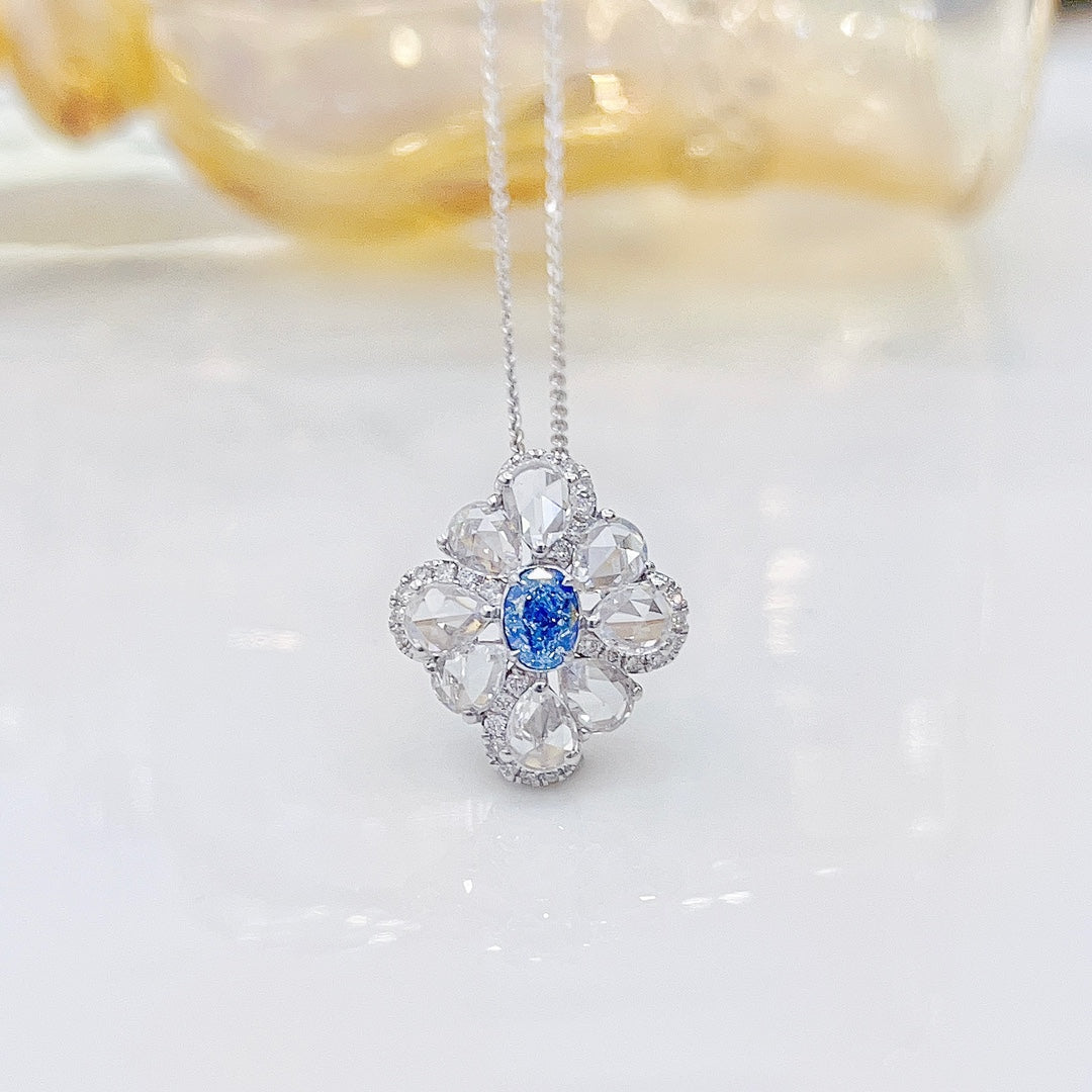 18K Blue Diamond Oval Rose Cut Necklace - Luxurious Jewelry Piece - Blue Diamond Necklace