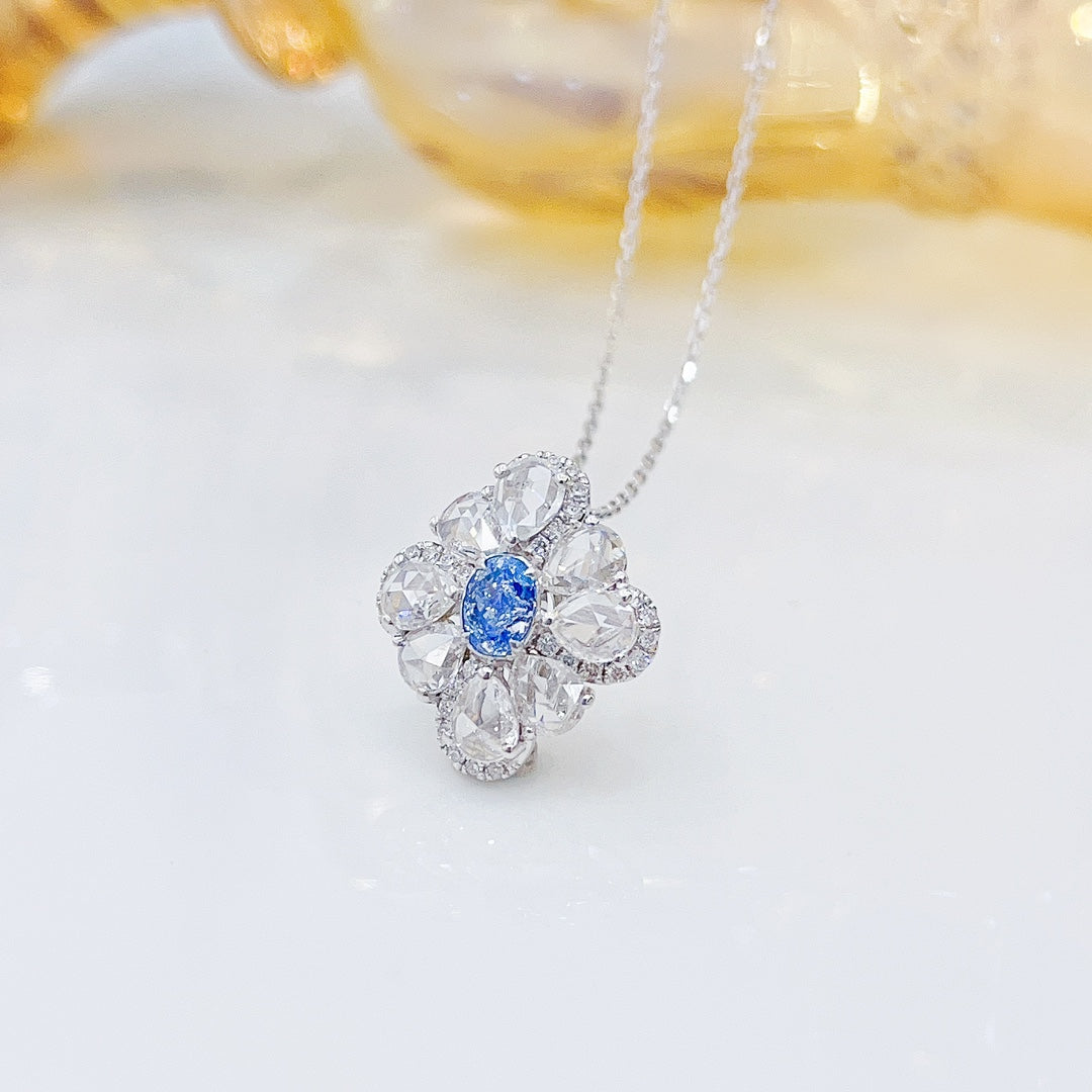 18K Blue Diamond Oval Rose Cut Necklace - Luxurious Jewelry Piece - Blue Diamond Necklace