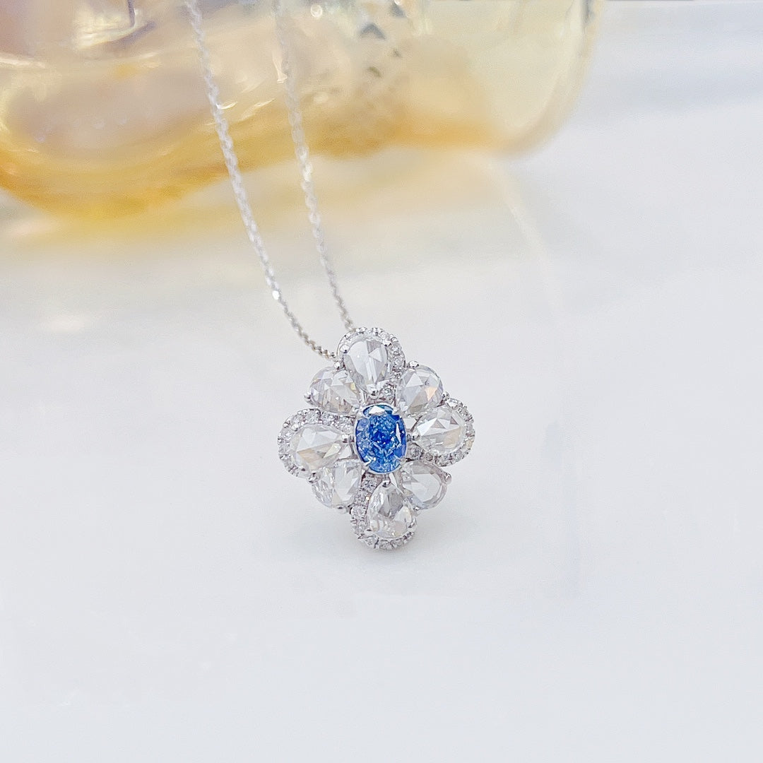 18K Blue Diamond Oval Rose Cut Necklace - Luxurious Jewelry Piece - Blue Diamond Necklace