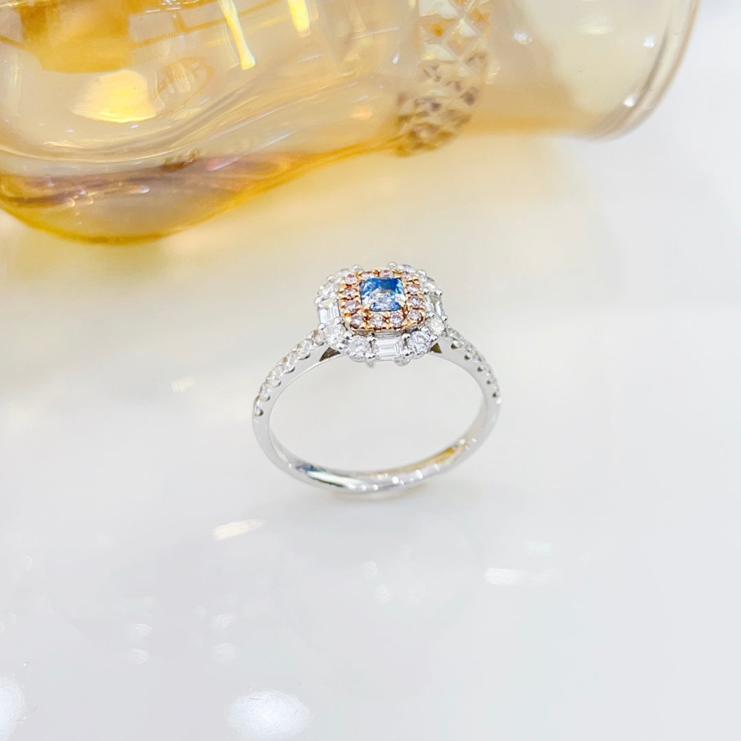 18K Blue Diamond Step-Cut Halo Ring with International Certification - Blue Diamond Ring