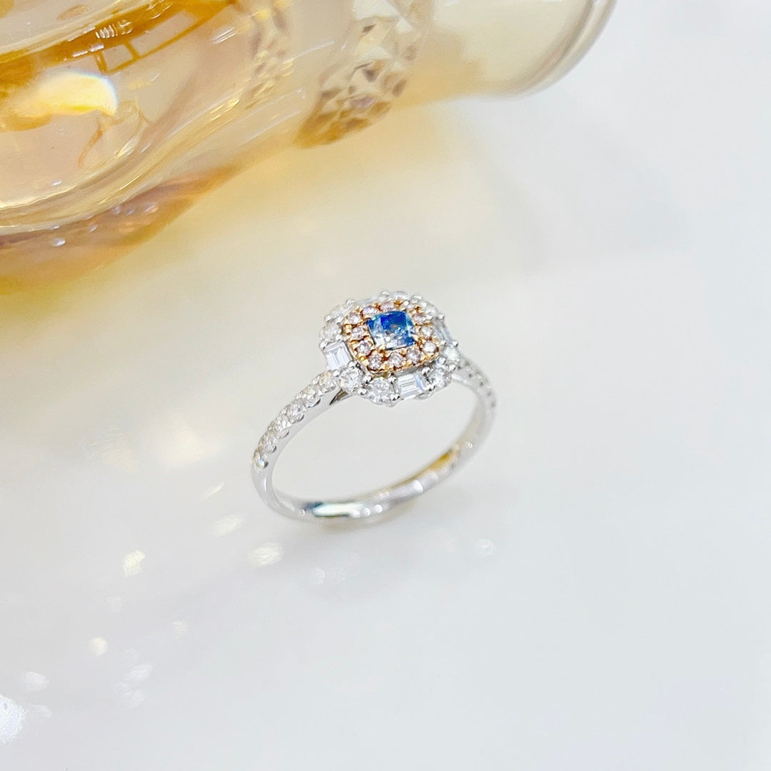 18K Blue Diamond Step-Cut Halo Ring with International Certification - Blue Diamond Ring