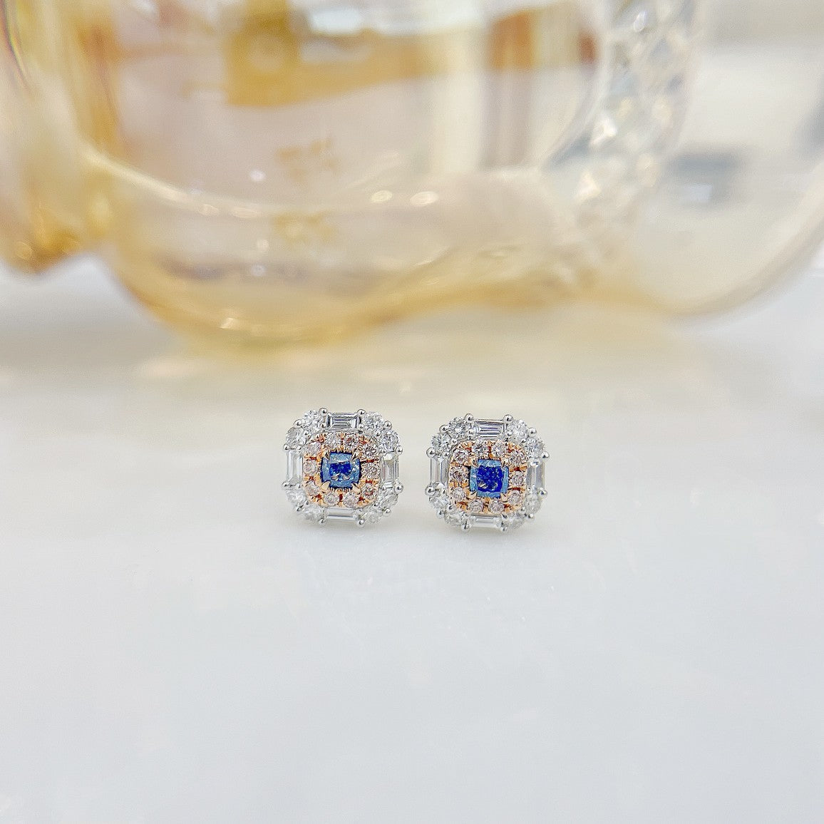 18K Blue Diamond Step-Cut Surrounded Earrings - ED001-B Jeweler.Jewelry