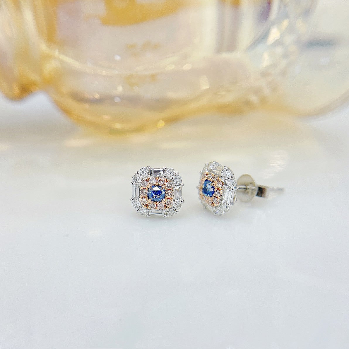 18K Blue Diamond Step-Cut Surrounded Earrings - ED001-B Jeweler.Jewelry