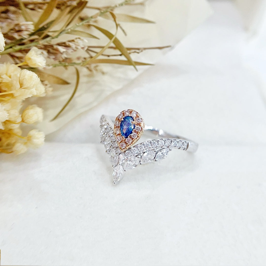 18K Blue Diamond Teardrop V-Shaped Marquise Ring | Premium Jewelry - Blue Diamond Ring