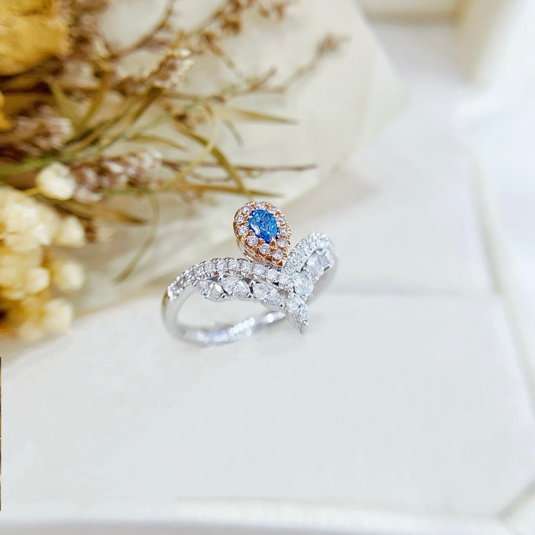 18K Blue Diamond Teardrop V-Shaped Marquise Ring | Premium Jewelry - Blue Diamond Ring