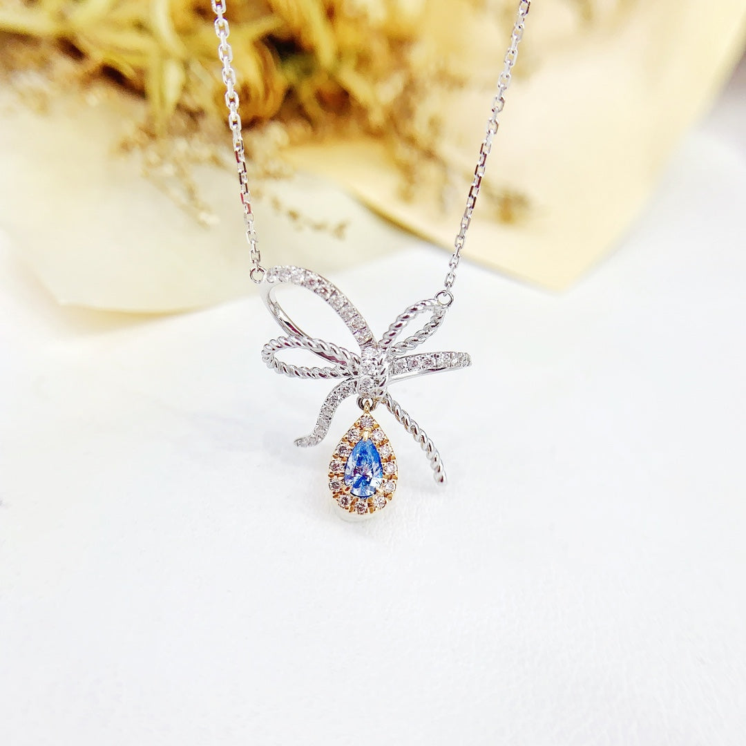 18K Blue Diamond Waterdrop Butterfly Pendant Necklace - Enchanting Jewelry - Blue Diamond Necklace