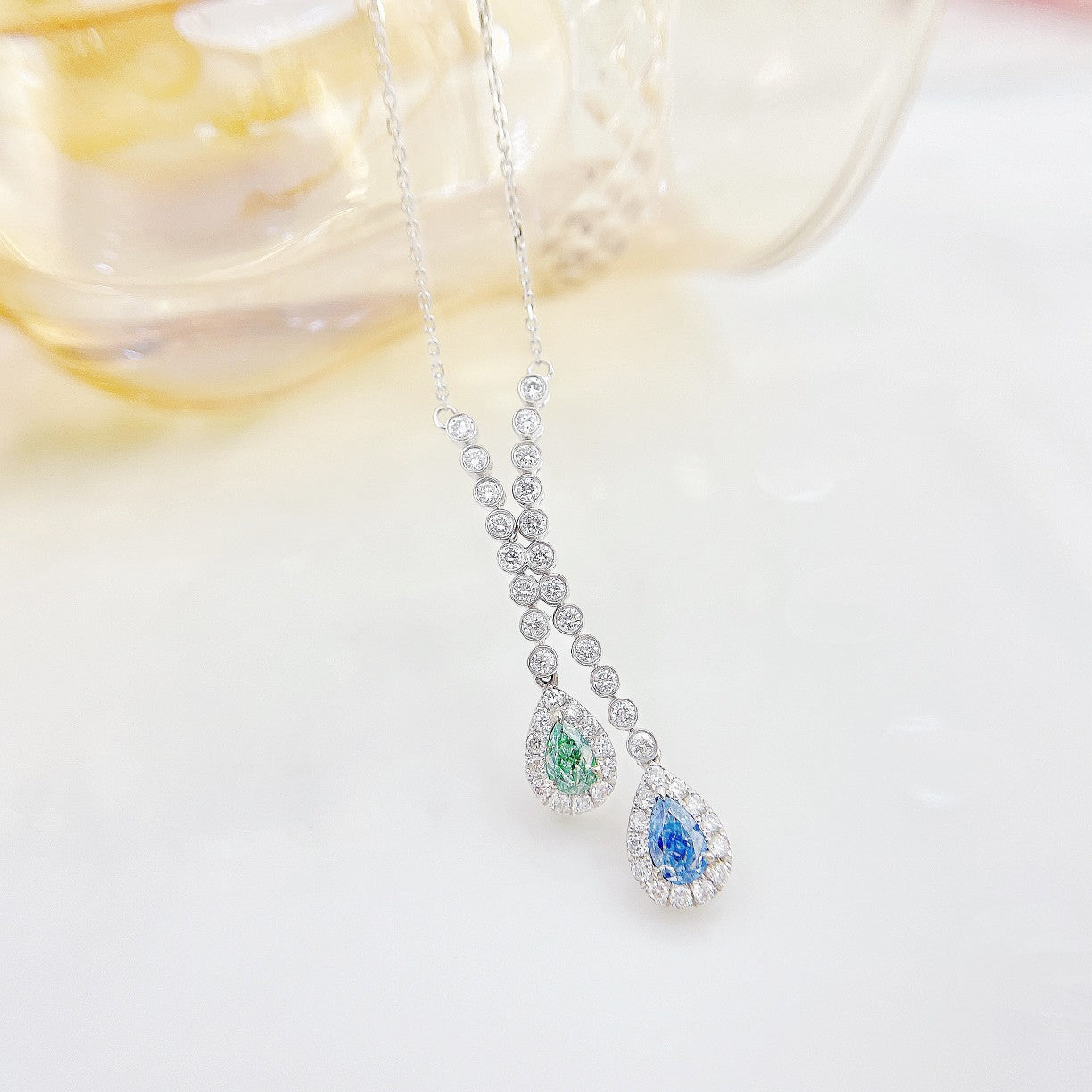 18K Color Diamond Double Row Drop Pendant Necklace - Luxurious Jewelry - Colored Diamond Necklace