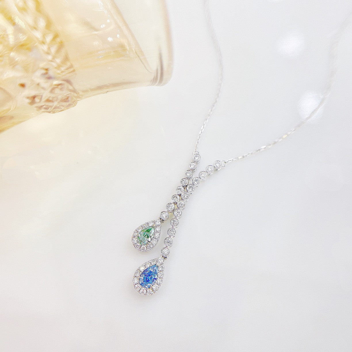 18K Color Diamond Double Row Drop Pendant Necklace - Luxurious Jewelry - Colored Diamond Necklace