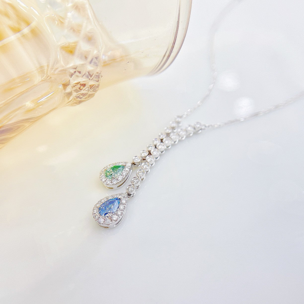 18K Color Diamond Double Row Drop Pendant Necklace - Luxurious Jewelry - Colored Diamond Necklace