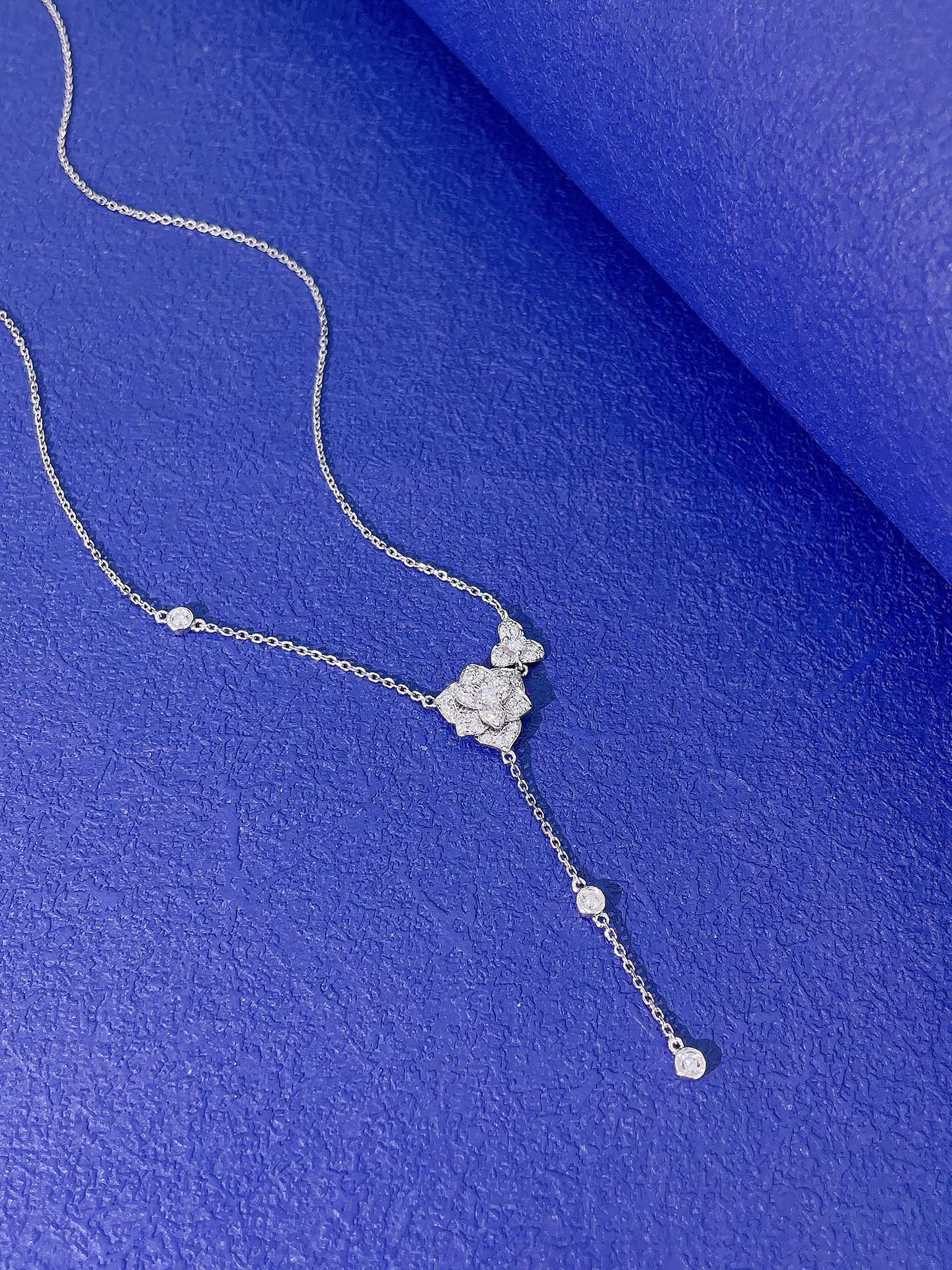 18K Diamond Bubble Pendant Necklace with Flowing Tassel Design - White Diamond Necklace