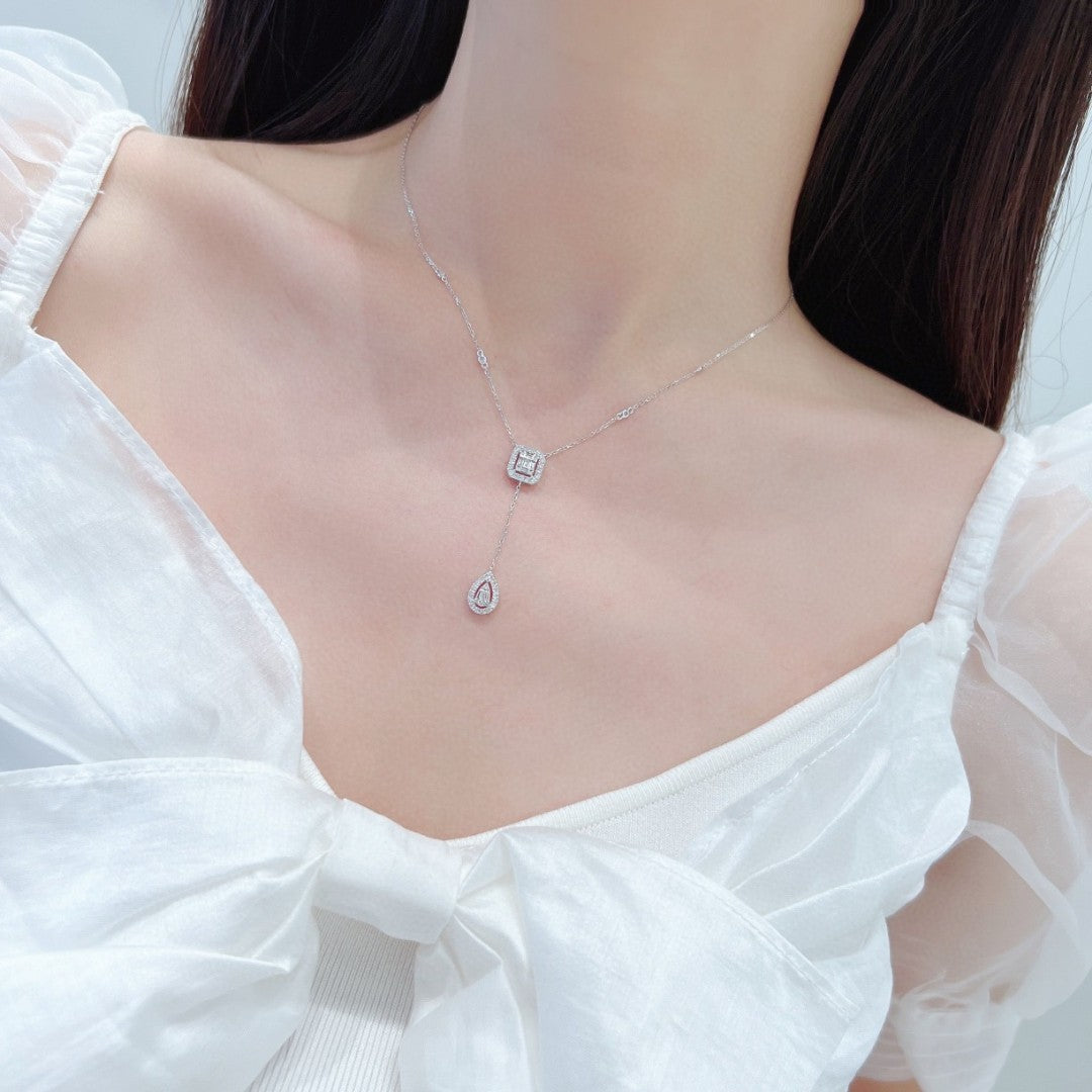 18K Diamond Candy Cube Pendant Necklace with Drop Shape - White Diamond Necklace