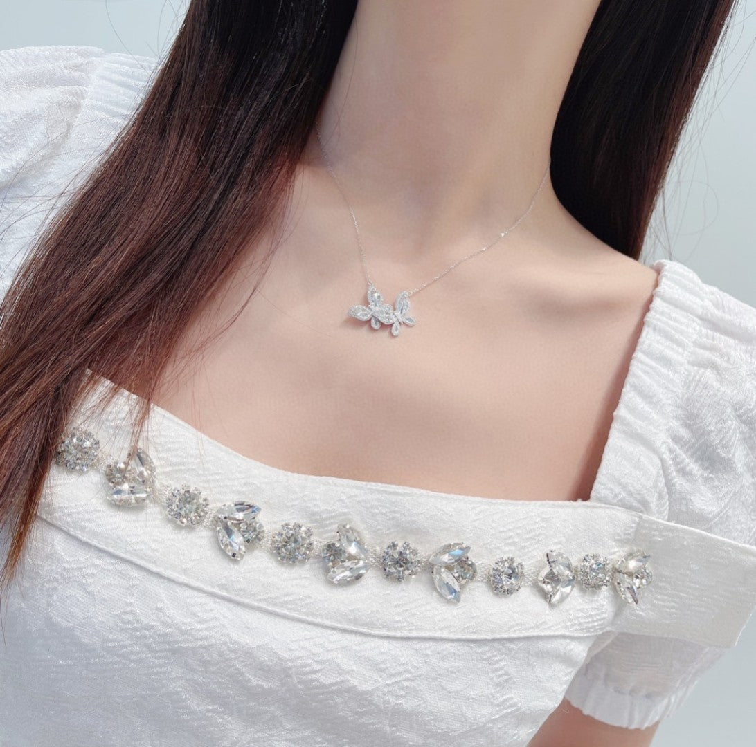 18K Diamond Double Butterfly Large Pendant Necklace - Luxury Jewelry - White Diamond Necklace