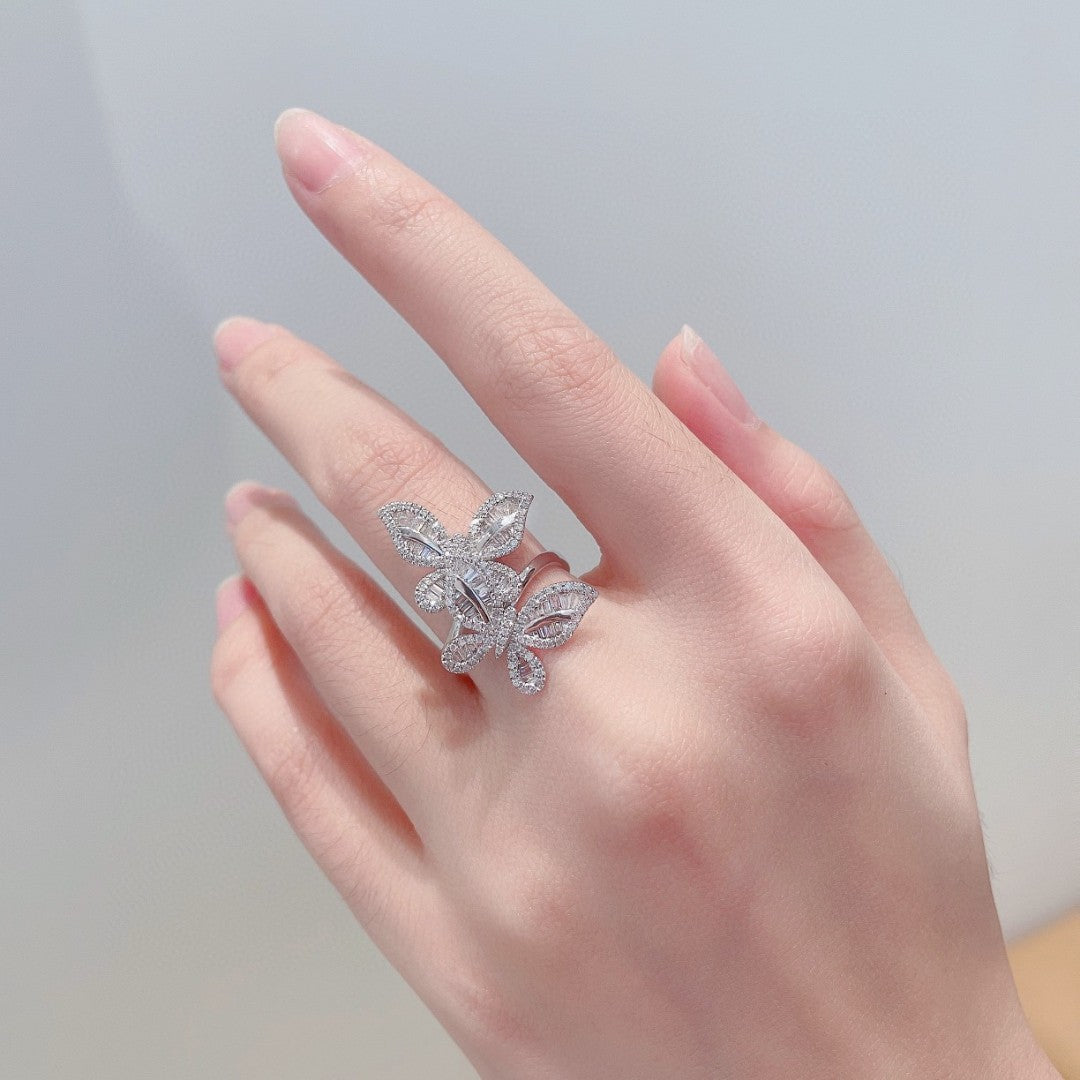 18K Diamond Double Butterfly Ring - Luxurious Jewelry - White Diamond Ring