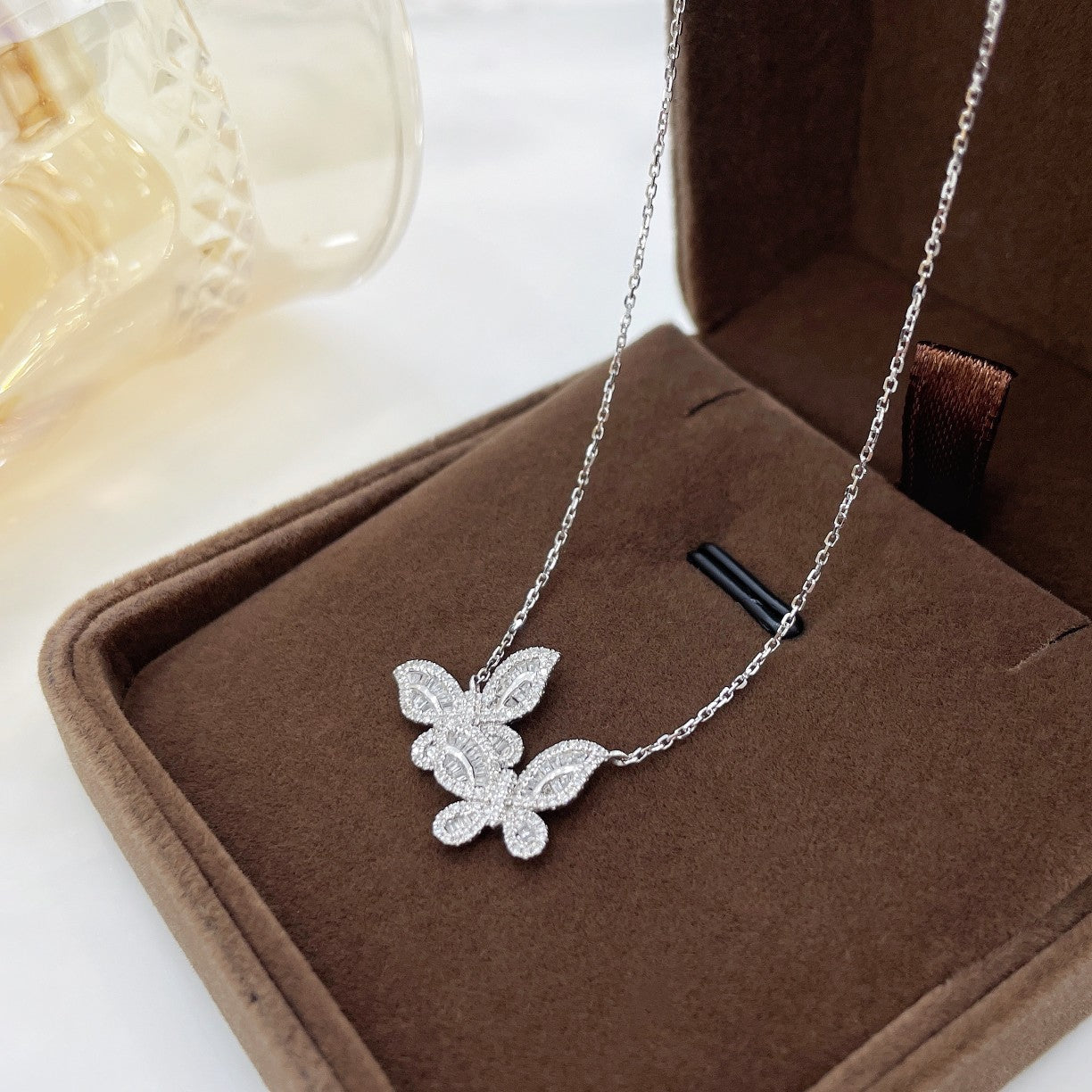 18K Diamond Double Butterfly Small Pendant Necklace - White Diamond Necklace